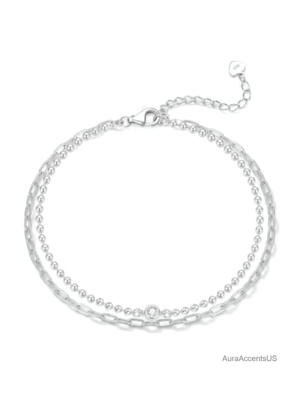 Sterling Silver Lab Grown Diamond Layered Anklet 9-11 inches Paperclip Bead